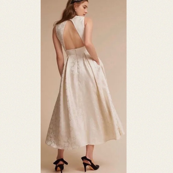 SAU x BHLDN Aria 2 / XS Ivory Jacquard V-neck A-line Silky Midi Wedding Dress - Picture 3 of 10